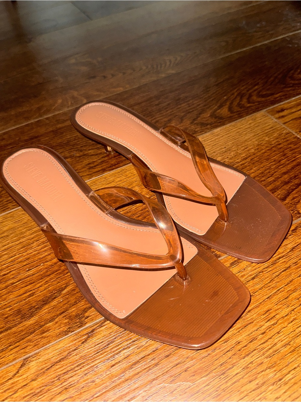 Steve Madden Tan Transparent Thong Kitten Heel Sandals